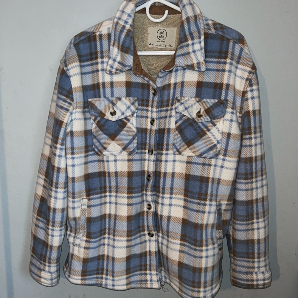 Sage Blue and Brown Plaid Shirt Jacket